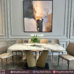 BỘ BÀN ĂN CHÂN V, ĐÁ LUX TRẮNG, 6 GHẾ LION