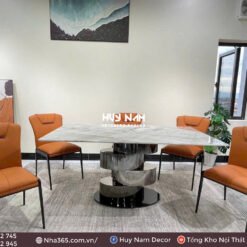 BỘ BÀN ĂN CHÂN INOX XOẮN, ĐÁ BẠCH NGỌC, 6 GHẾ MORIS