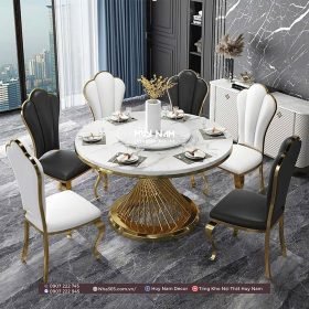 BÀN ĂN TRÒN XOAY PVD, 6 GHẾ HOA MAI - Ảnh 3