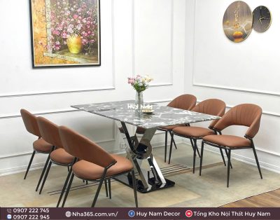 BÀN ĂN X INOX, ĐÁ BẠCH NGỌC, 6 GHẾ VISION