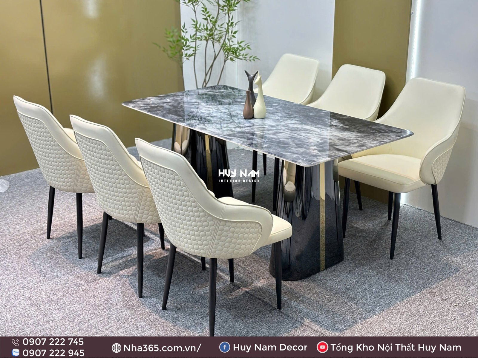 BÀN ĂN ĐÁ TINH THỂ, CHÂN ĐỐI D6, 6 GHẾ C55