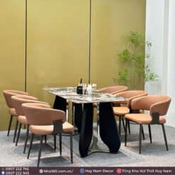 BÀN ĂN ĐÁ TINH THỂ, CHÂN ĐỐI GỖ C14, 6 GHẾ C125