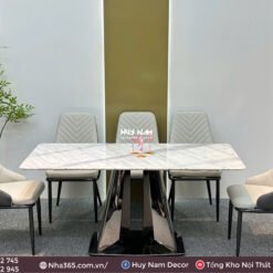 BÀN ĂN TINH THỂ 1M6, CHÂN 2T, 6 GHẾ SPINE