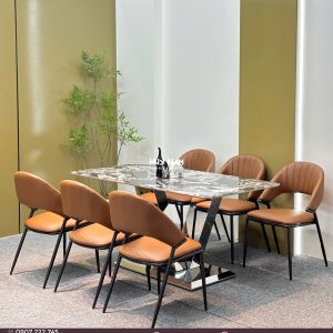 BÀN ĂN TINH THỂ 1M6, CHÂN W, 6 GHẾ VISION