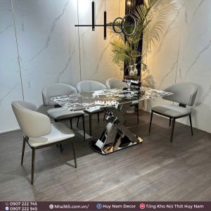 BÀN ĂN TINH THỂ 1M6, CHÂN 4T, 6 GHẾ LUX