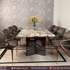 BÀN ĂN ĐÁ CẨM THẠCH 2M4, CHÂN ĐỐI D1, 8 GHẾ LEO CHAMPAGNE