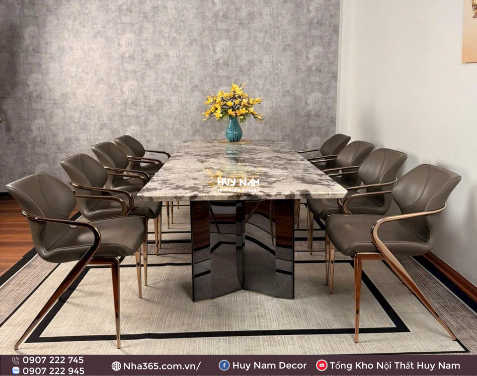 BÀN ĂN ĐÁ CẨM THẠCH 2M4, CHÂN ĐỐI D1, 8 GHẾ LEO CHAMPAGNE