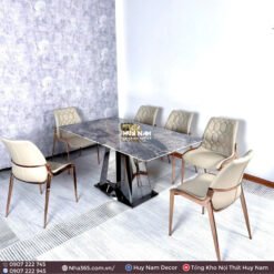 BÀN ĂN ĐÁ TINH THỂ 1M6, CHÂN THÁP 2T, 6 GHẾ T159