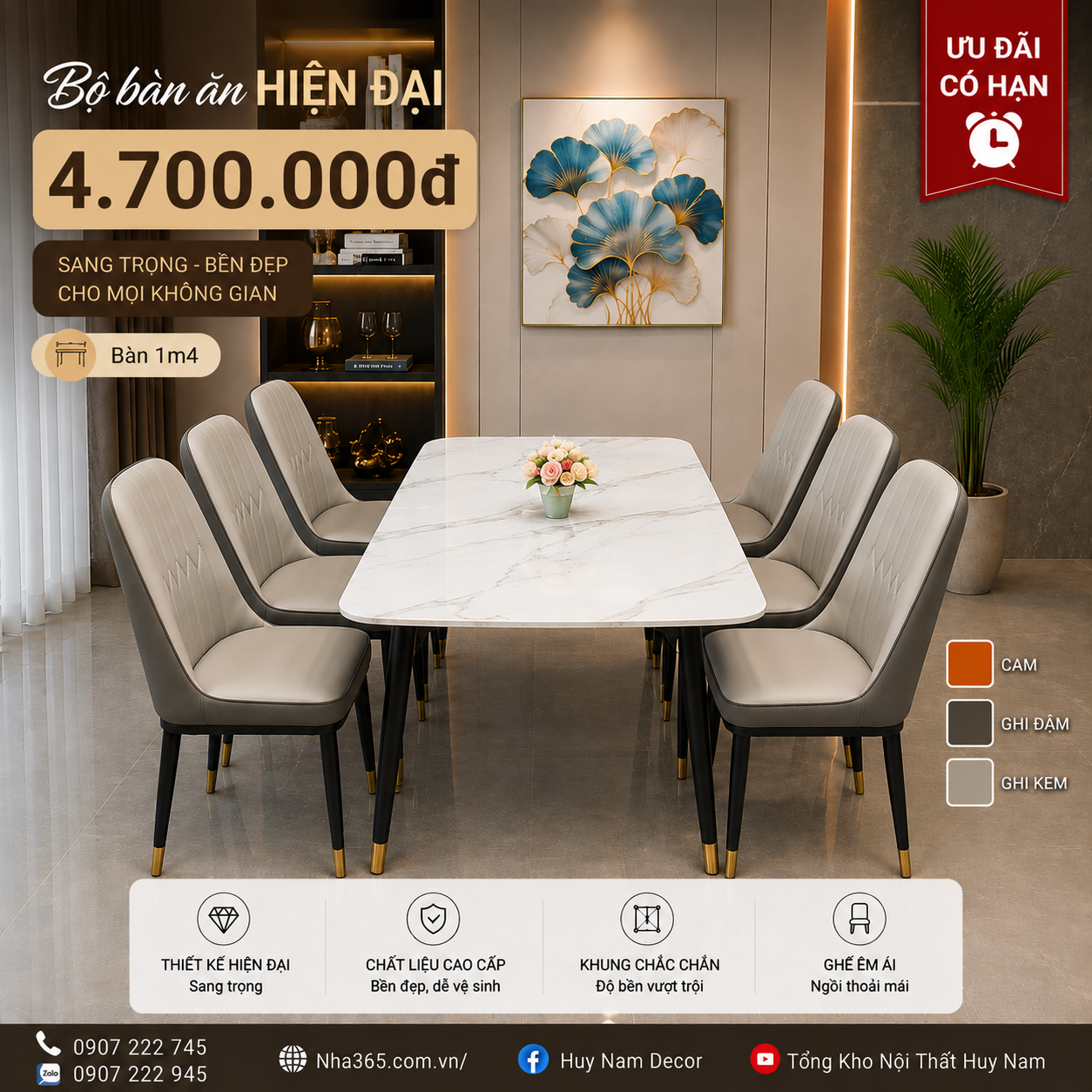[BÁN CHẠY] Bàn ăn chân côn 1m4, 6 ghế Monet thường